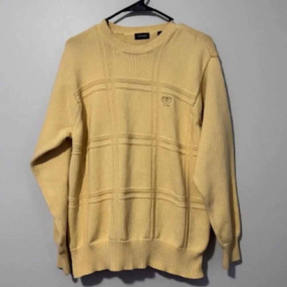 USED Men's IZOD Long Sleeve Crew Neck Sweater Square Pattern Color Yellow SZ L